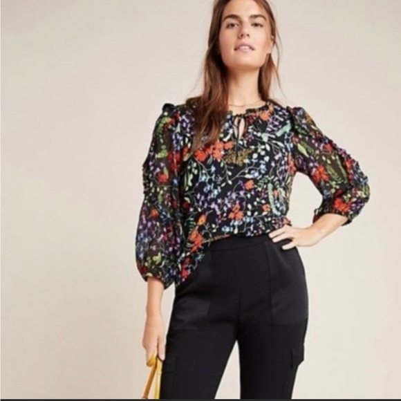 Maeve Anthropologie Jacquin Floral Sheer Colorful Multicolor Peasant Blouse - Picture 1 of 5